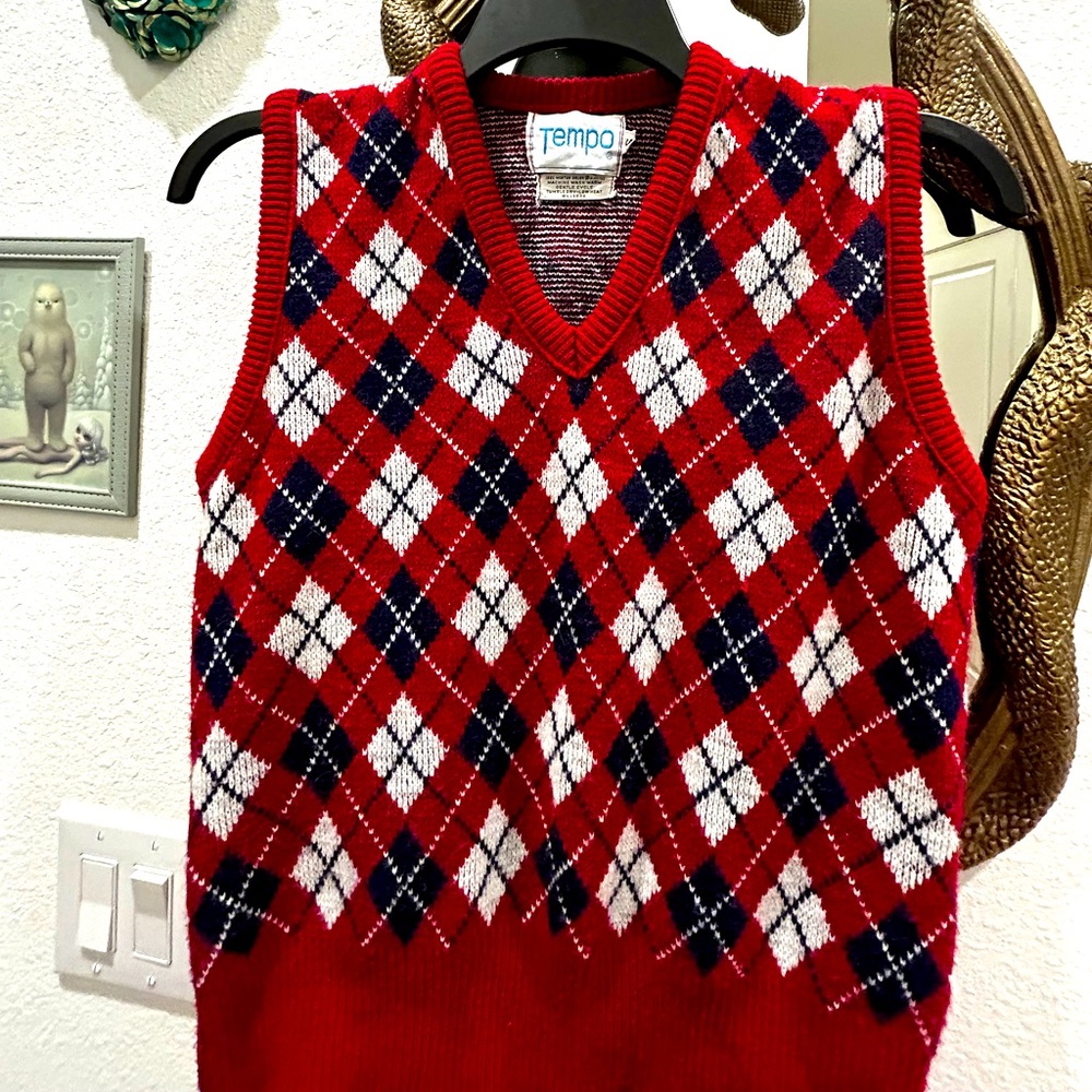 Vintage 70s Red Argyle V-Neck Sweater Vest.